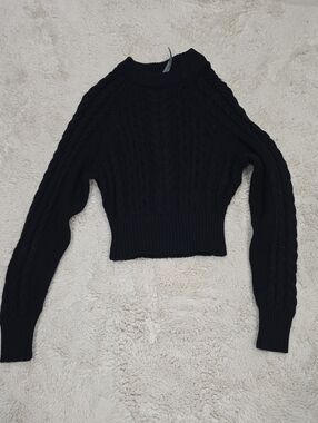 Anthropologie Black Cable-Knit Cropped Crewneck Sweater